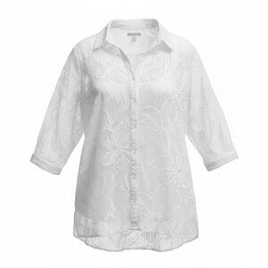 Dana Buchman XL White Sheer Embroidered Button-Down Top Chic Blouse Inner Lining
